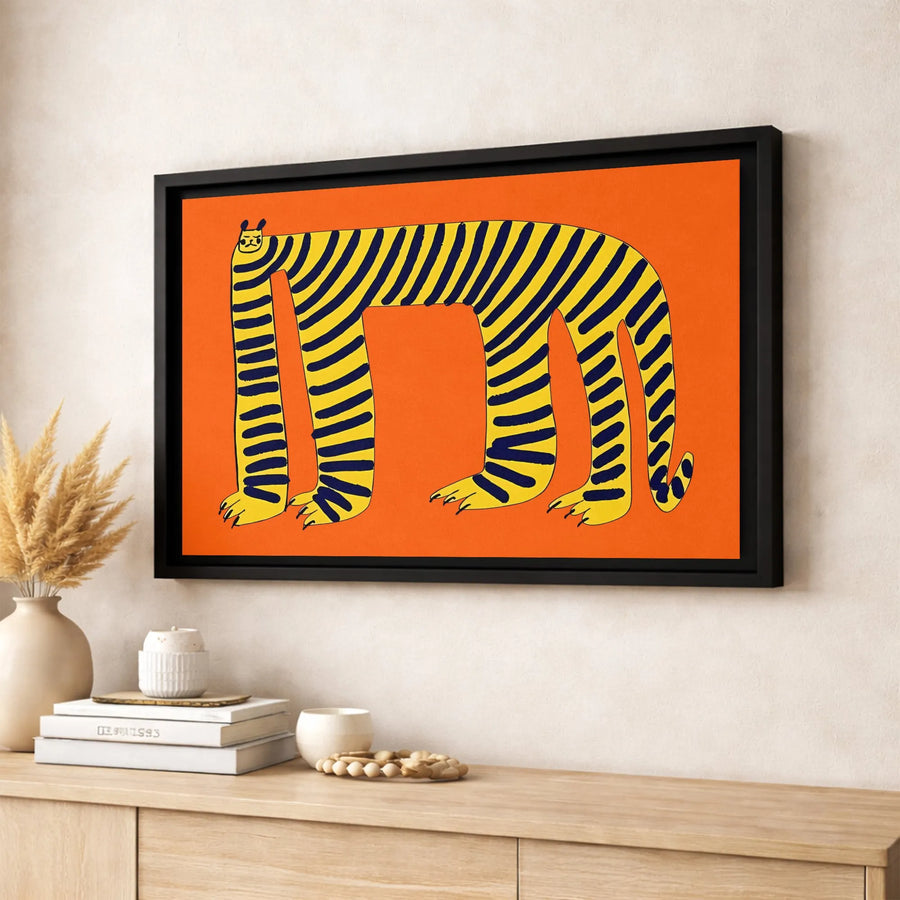 Abstract Long Body Cat Canvas Wall Art | Whimsical Tiger Illustration | Premium 1.25-Inch Gallery Wrap | Modern Home Decor Gift