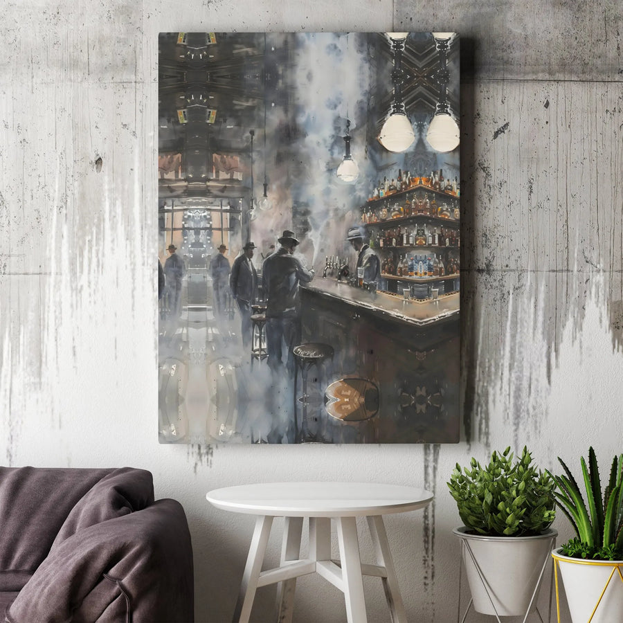Vintage Speakeasy Bar Canvas Print | Atmospheric Gangster Scene Painting | Gallery Quality Thick Canvas | Premium Man Cave Decor Gift for Men