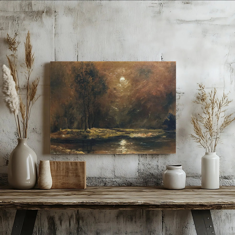 Moonlit River Landscape Canvas Art | Vintage Moody Nature Oil Painting Style | Premium Gallery Wrap Wall Decor | Atmospheric Home Office Gift