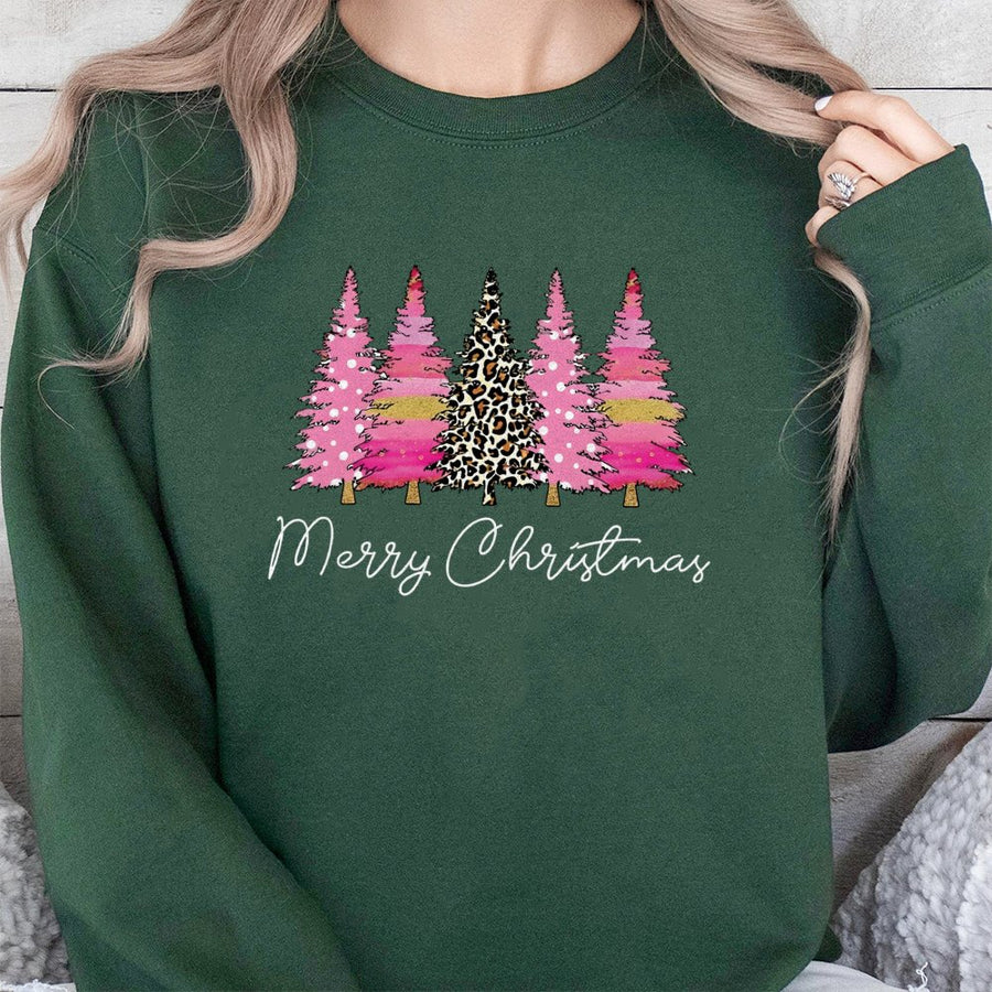 Merry Christmas Sweatshirt | Pink Leopard Print Tree Graphic | Premium Cotton Blend Crewneck | Holiday Gift For Women And Families