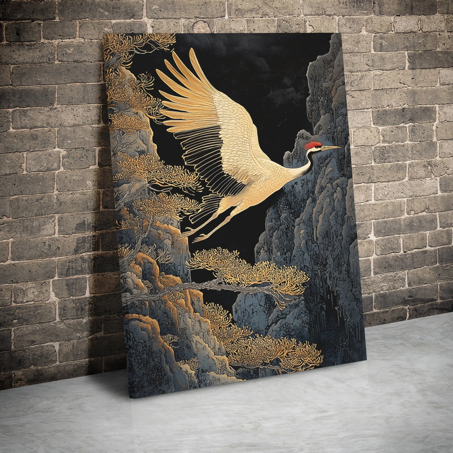 Japanese Crane Wall Art | Golden Bird Over Mountain Cliffs | Premium Gallery Wrap Canvas | Zen Home Decor Gift for Nature Lovers