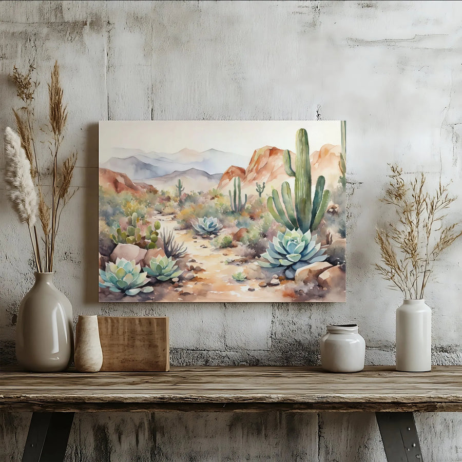 Desert Landscape Canvas Wall Art | Watercolor Saguaro Cactus Painting | Premium Gallery Wrapped Print | Boho Southwestern Home Decor
