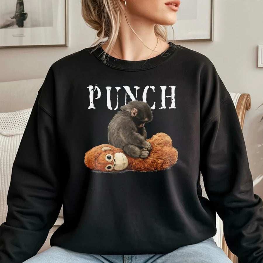 Baby Monkey Sweatshirt | Cute Chimpanzee With Plush Toy Graphic | Premium Cotton Blend Unisex Crewneck | Whimsical Animal Lover Gift Idea
