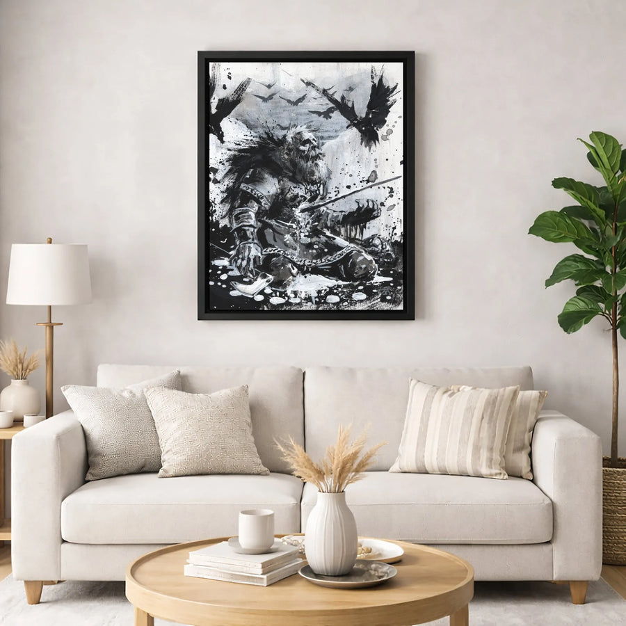 Viking Warrior Canvas Wall Art | Fallen King With Ravens Ink Splatter | Premium Fade-Resistant Print | Norse Mythology Decor Gift