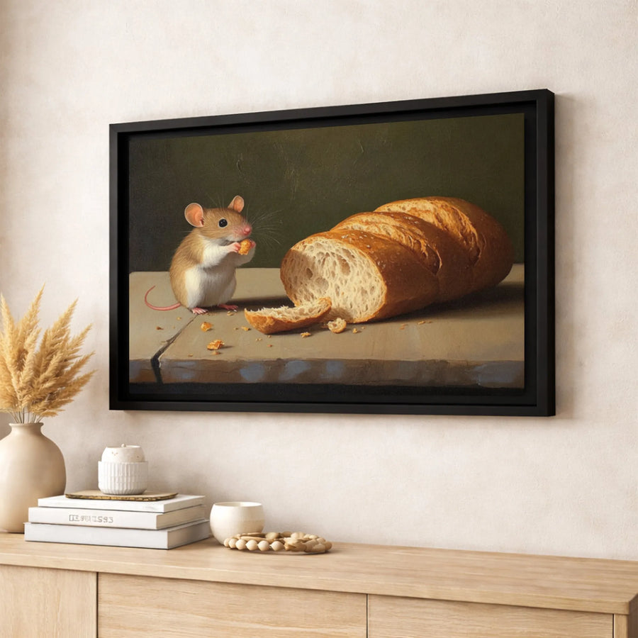 Mouse Eating Bread Canvas Art | Cute Animal Oil Painting Style | Premium Gallery Wrap Print | Whimsical Kitchen Wall Decor Gift