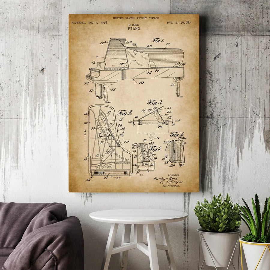 Vintage Piano Patent Canvas Print | 1938 Blueprint Schematic Art | Premium Fade-Resistant Canvas | Collector's Gift for Musician
