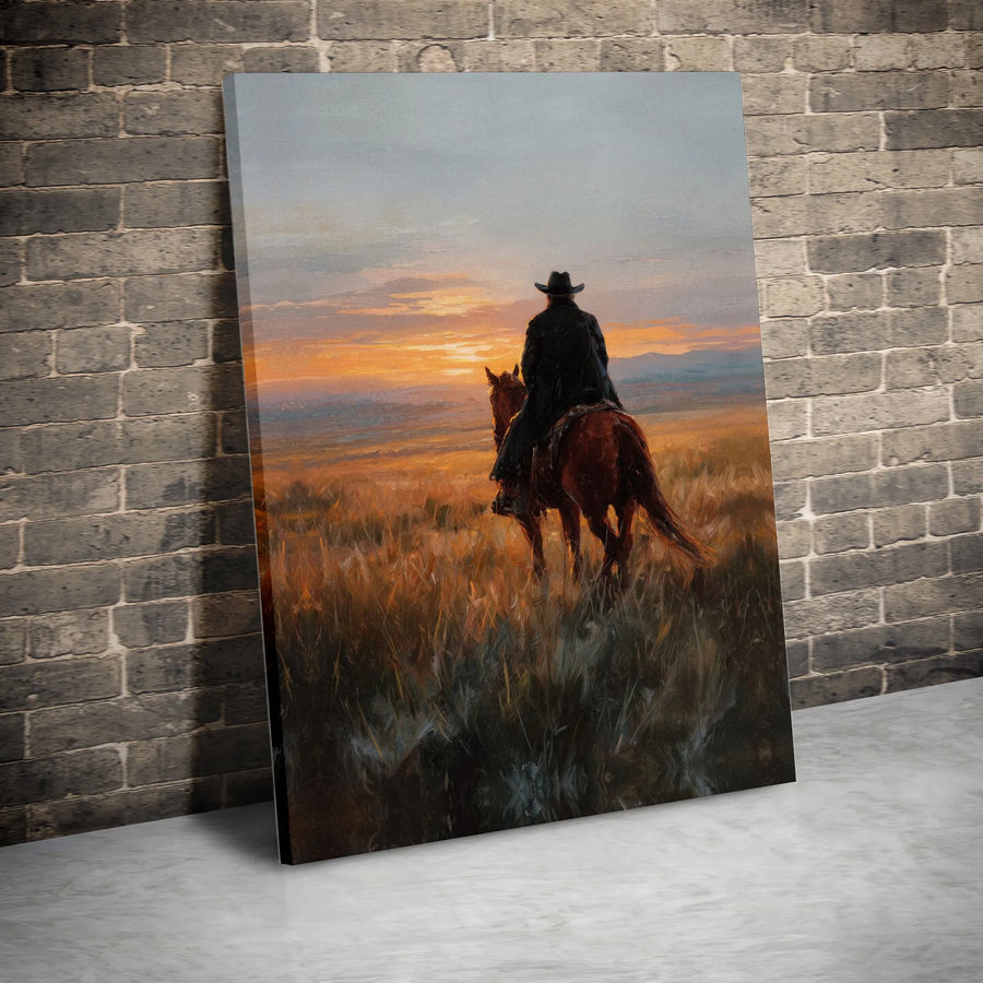 Western Cowboy Wall Art | Sunset Horseback Riding Canvas | Premium Gallery Wrapped Print | Rustic Home Decor Gift for Him