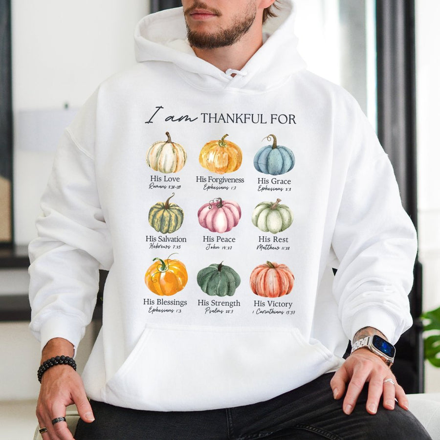 I Am Thankful For Bible Verse Hoodie | Watercolor Pumpkin Fall Design | Premium Cotton Blend | Christian Faith Thanksgiving Gift For Women
