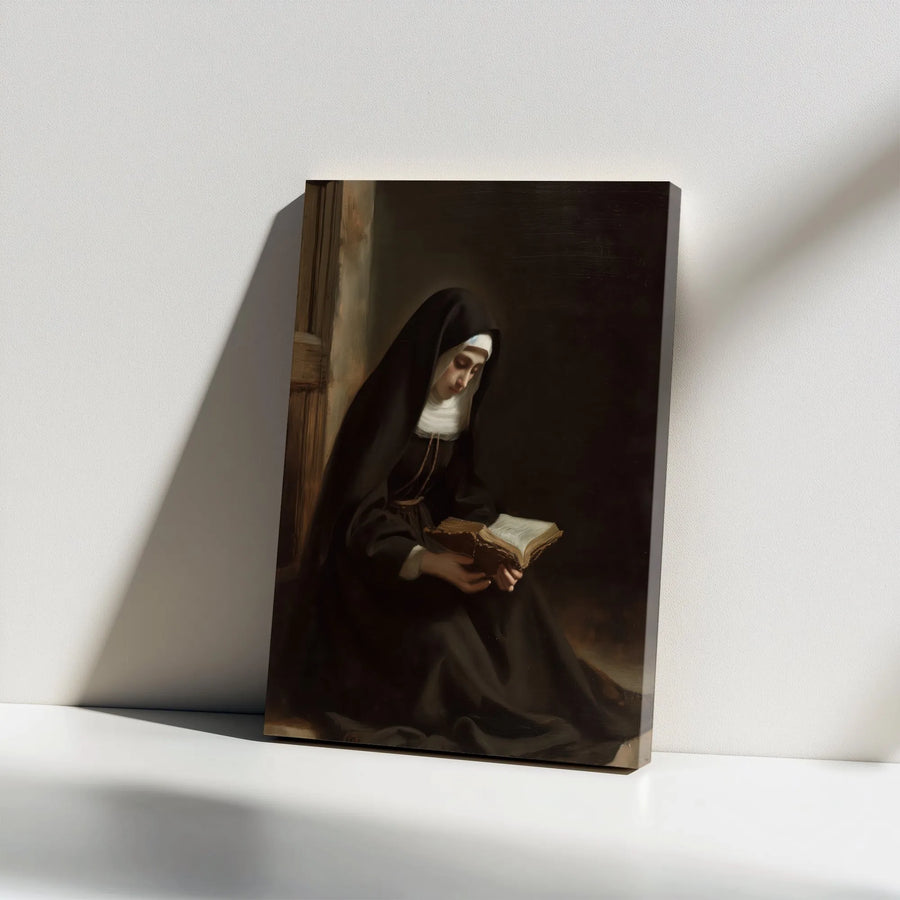 Religious Art Vertical Canvas | Vintage Nun Reading Book Painting | Fade-Resistant Premium Print | Catholic Home Decor Gift