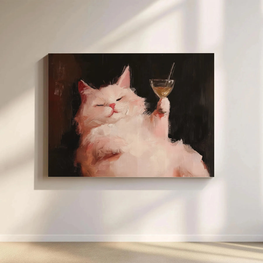 Funny Cat Painting Wall Art | Smug White Cat Toasts With Cocktail | Premium 1.25" Gallery Canvas | Quirky Home Office Decor Gift