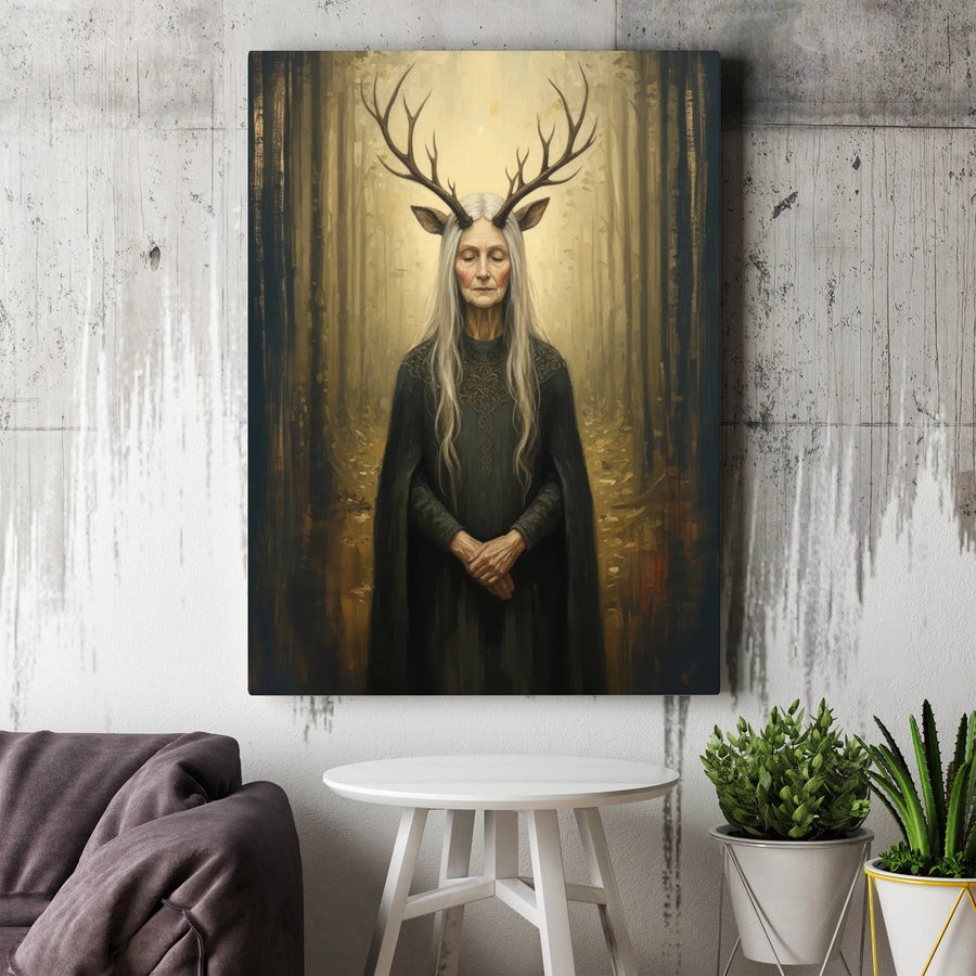 Forest Spirit Wall Art | Mystical Deer Antler Woman Portrait | Premium 1.25-Inch Gallery Canvas | Enchanted Woodland Decor Gift