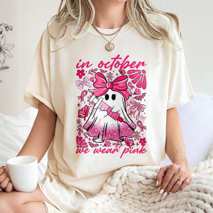 In October We Wear Pink Ghost T-Shirt | Coquette Breast Cancer Awareness Design | Soft Cotton Nursing Gift | Cute Spooky Halloween Apparel For Women