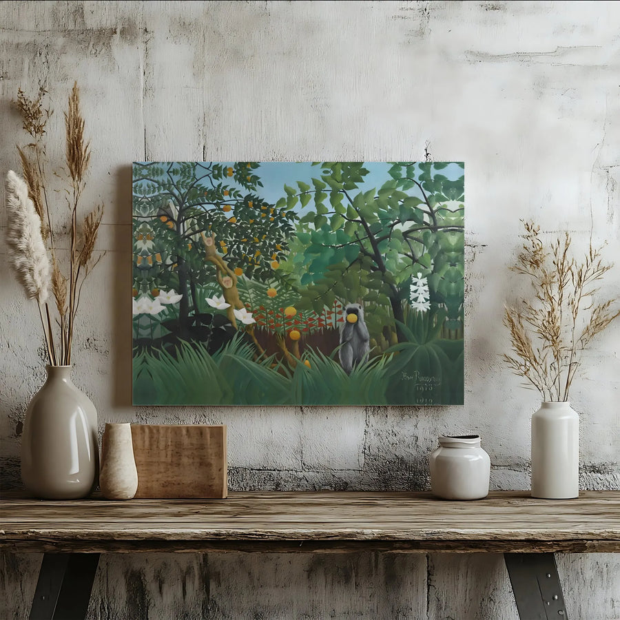 Henri Rousseau The Monkeys Canvas Wall Art | Vintage Jungle Tropical Landscape Print | Premium Gallery Wrapped Decor | Classic Masterpiece Gift