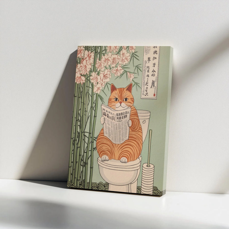 Japanese Ukiyo-e Cat Wall Art | Funny Bathroom Decor Reading Newspaper | Premium Stretched Canvas Print | Quirky Gift for Cat Lovers