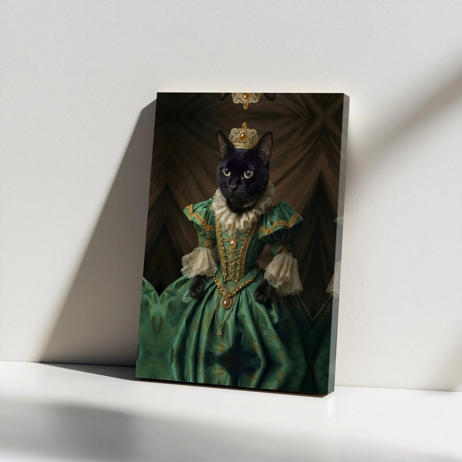 Black Cat Queen Canvas Wall Art | Royal Victorian Green Gown Portrait | Premium Gallery Wrapped Decor | Unique Gift For Cat Lovers