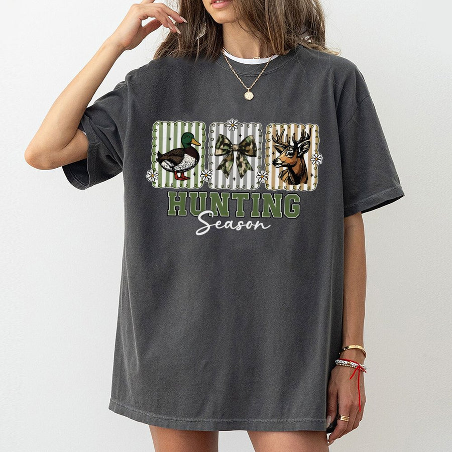 Hunting Season T-Shirt | Preppy Camo Bow Deer and Duck Design | 100% Cotton Premium Apparel | Cute Fall Gift for Women and Girls