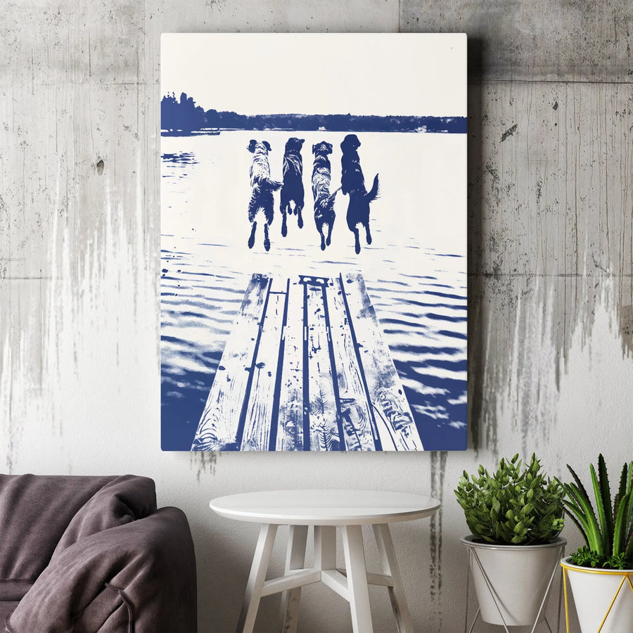 Dog Jumping Into Water Canvas Art | Blue and White Dock Scene | Gallery Wrapped Premium Print | Modern Coastal Home Decor Gift for Dog Lovers