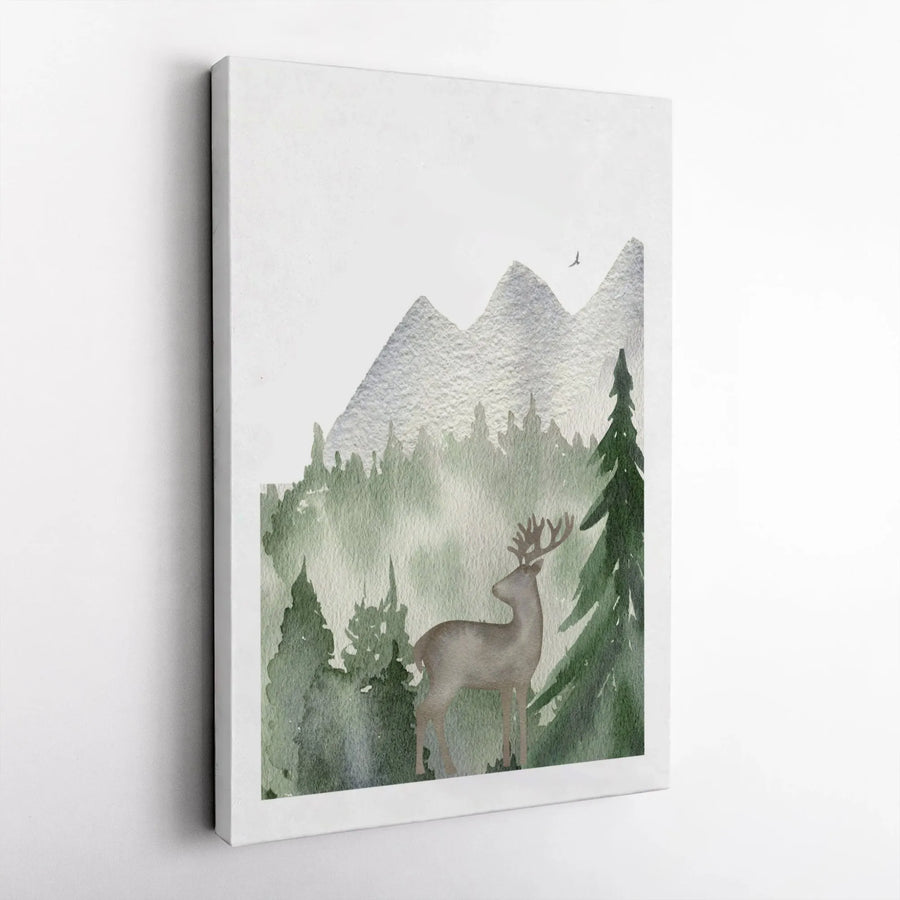 Watercolor Deer Canvas Wall Art | Misty Mountain Pine Forest Landscape | Premium Gallery-Wrapped Print | Nature Lover Gift Home Decor