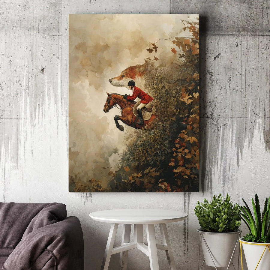 Equestrian Fox Hunting Canvas Print | Surreal Horse Rider Forest Spirit Wall Art | Gallery Wrapped Premium Decor | Gift for Horse Lovers & Riders