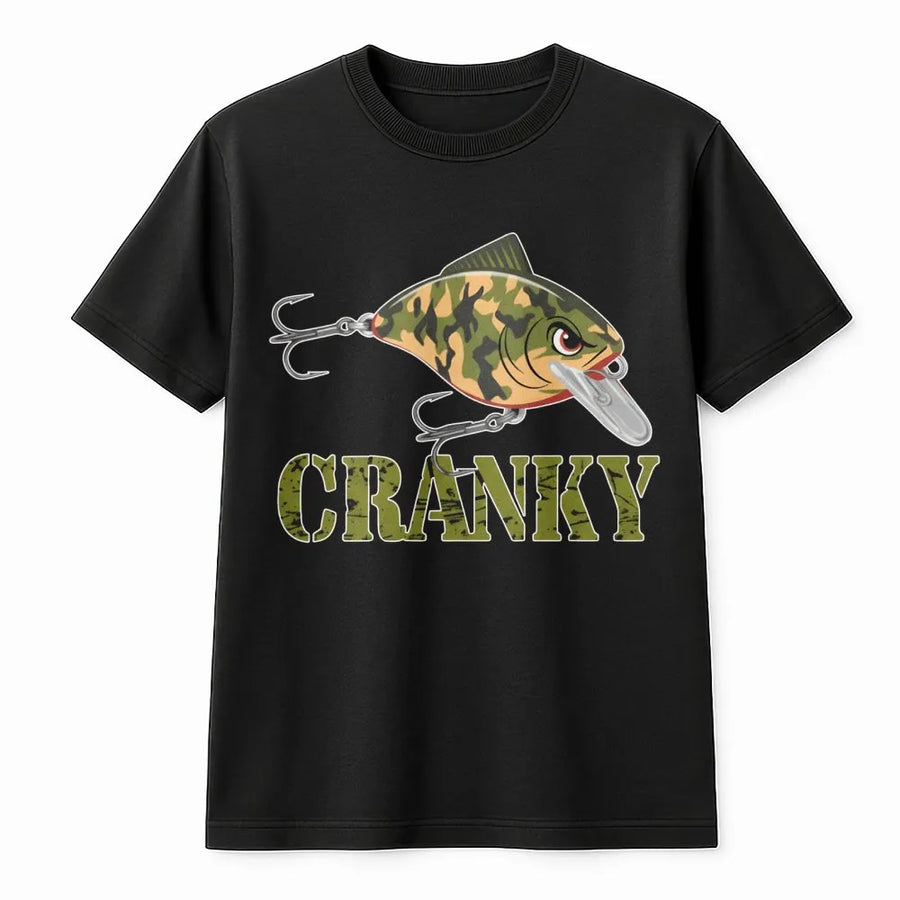 Cranky Fishing T-Shirt | Bass Camo Crankbait Lure Graphic | Premium Soft Cotton Tee | Funny Gift For Anglers & Fisherman