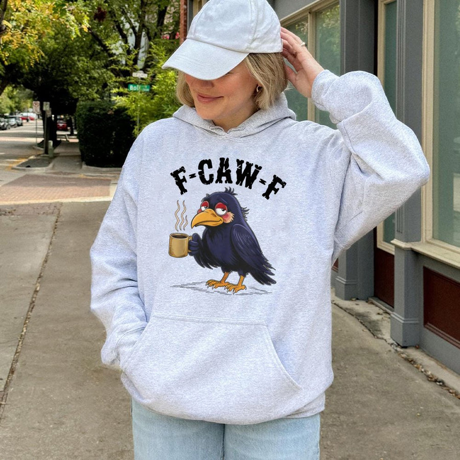 F-Caw-F Coffee Hoodie | Funny Tired Crow Drinking Coffee Graphic | Unisex Cotton Blend Pullover | Sarcastic Morning Person Gift