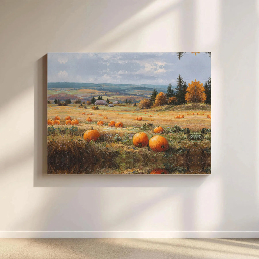 Autumn Pumpkin Patch Canvas Wall Art | Rustic Farm Landscape Painting | Premium Gallery Wrap Print | Seasonal Fall Home Decor Gift