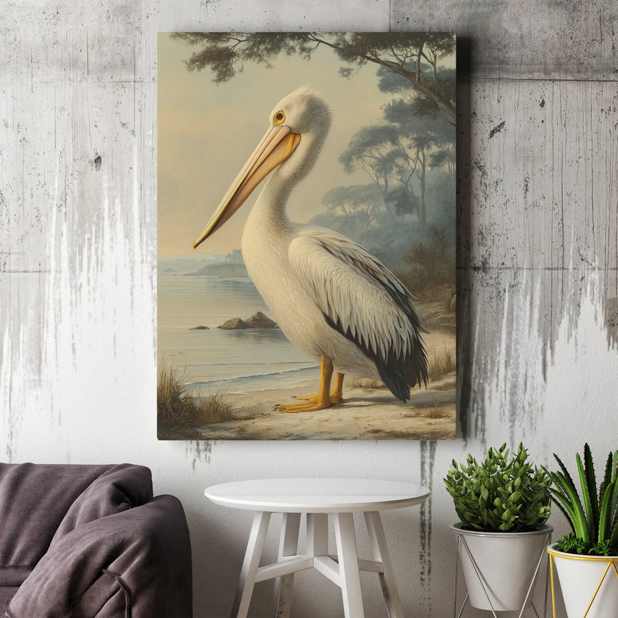 Vintage Pelican Vertical Canvas Print | Audubon Style Coastal Bird Painting | Premium Unframed Wall Art | Nautical Home Decor Gift for Bird Lover