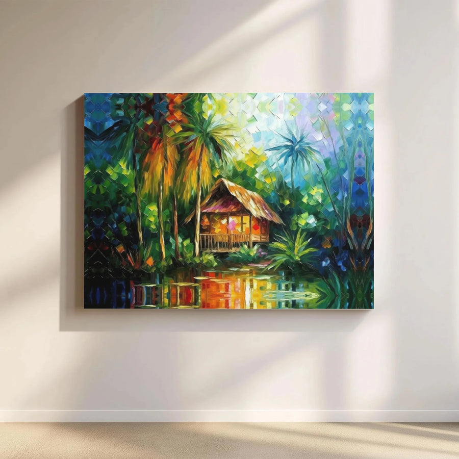 Tropical Jungle Hut Canvas Print | Vibrant Abstract Landscape Art | Gallery Wrapped 1.25" Thick Canvas | Boho & Tropical Home Decor Gift