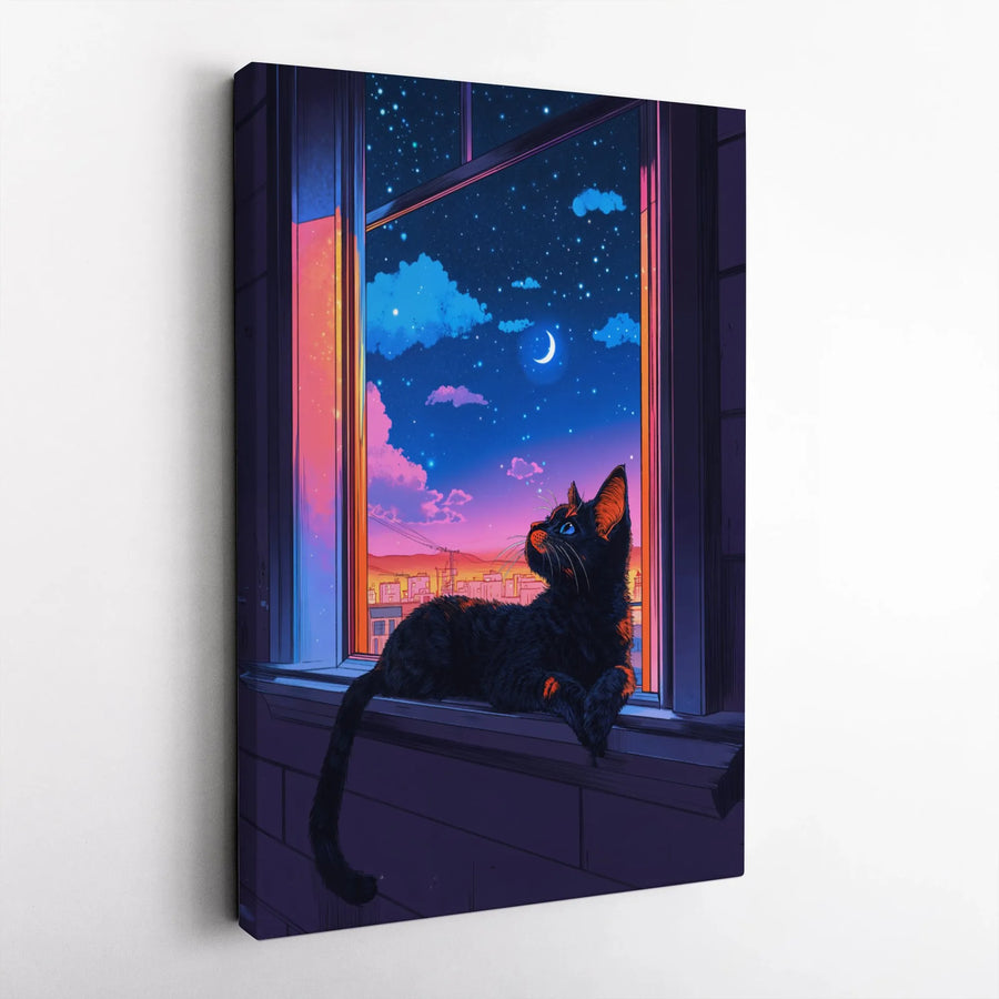 Black Cat Wall Art | Night Sky Cityscape Print | 1.25 Inch Premium Gallery Canvas | Aesthetic Bedroom Decor Gift