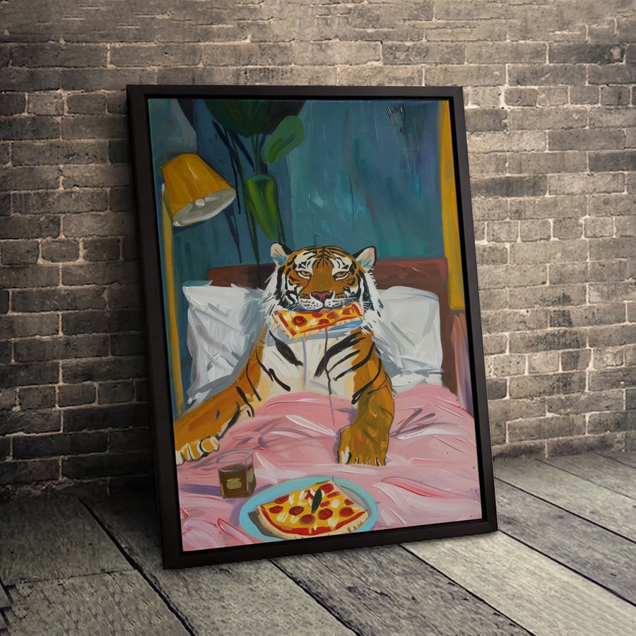 Tiger Eating Pizza Canvas Wall Art | Whimsical Animal Oil Painting Style | 1.25-Inch Premium Gallery Profile | Unique Home Decor Gift for Animal Lovers