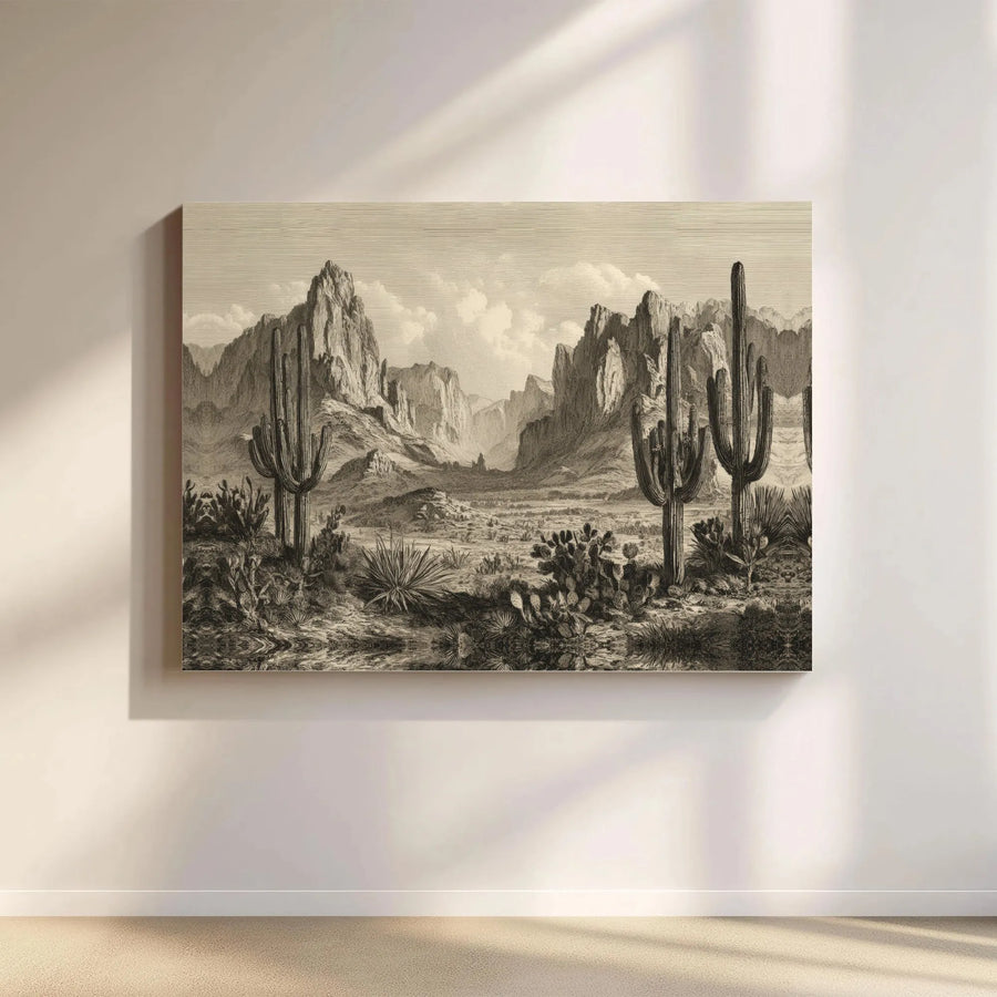 Vintage Arizona Desert Landscape Canvas | Saguaro Cactus Etching Wall Art | Premium Gallery Wrap | Western Home Decor for Living Room
