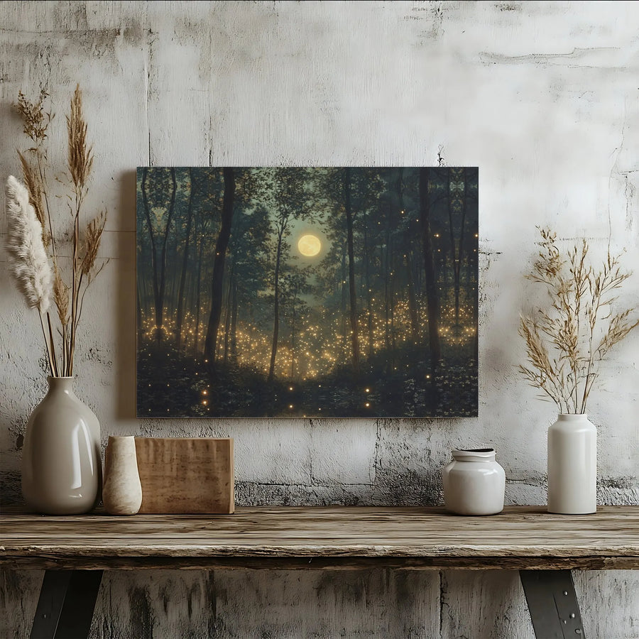 Enchanted Forest Canvas Wall Art | Full Moon & Glowing Fireflies Night Scene | Premium Gallery Wrap Decor | Nature Lover Gift for Home Office