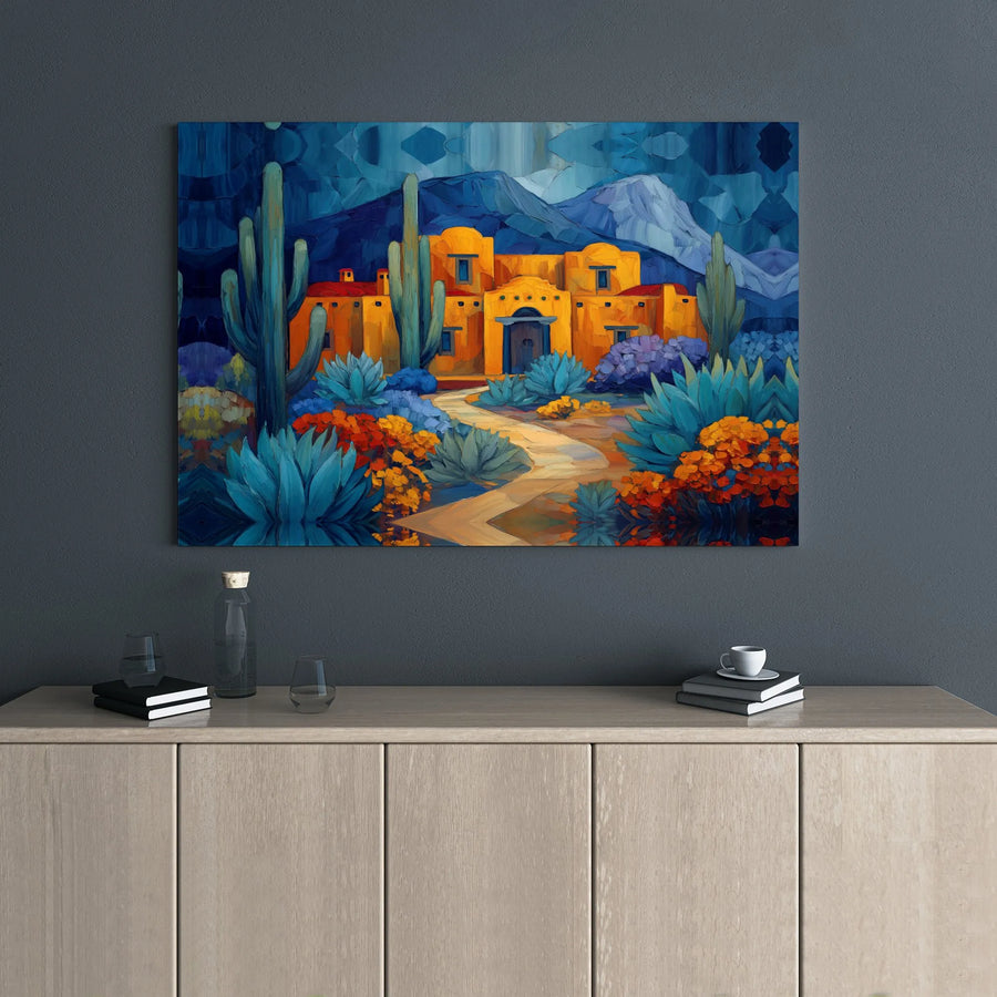 Southwestern Adobe Hacienda Canvas Art | Desert Landscape with Saguaro Cacti | Premium Gallery Wrap Wall Decor | Rustic Home Office Gift