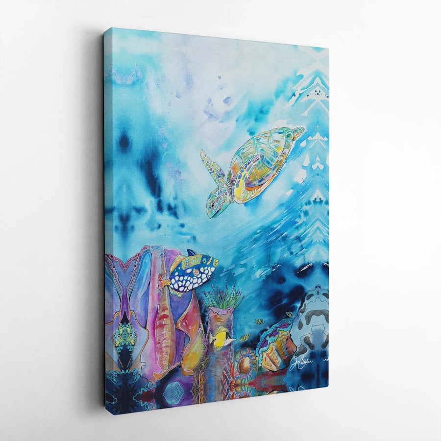 Sea Turtle Wall Art | Watercolor Ocean Coral Reef Print | 1.25-Inch Gallery Wrapped Canvas | Coastal Bathroom or Living Room Decor Gift