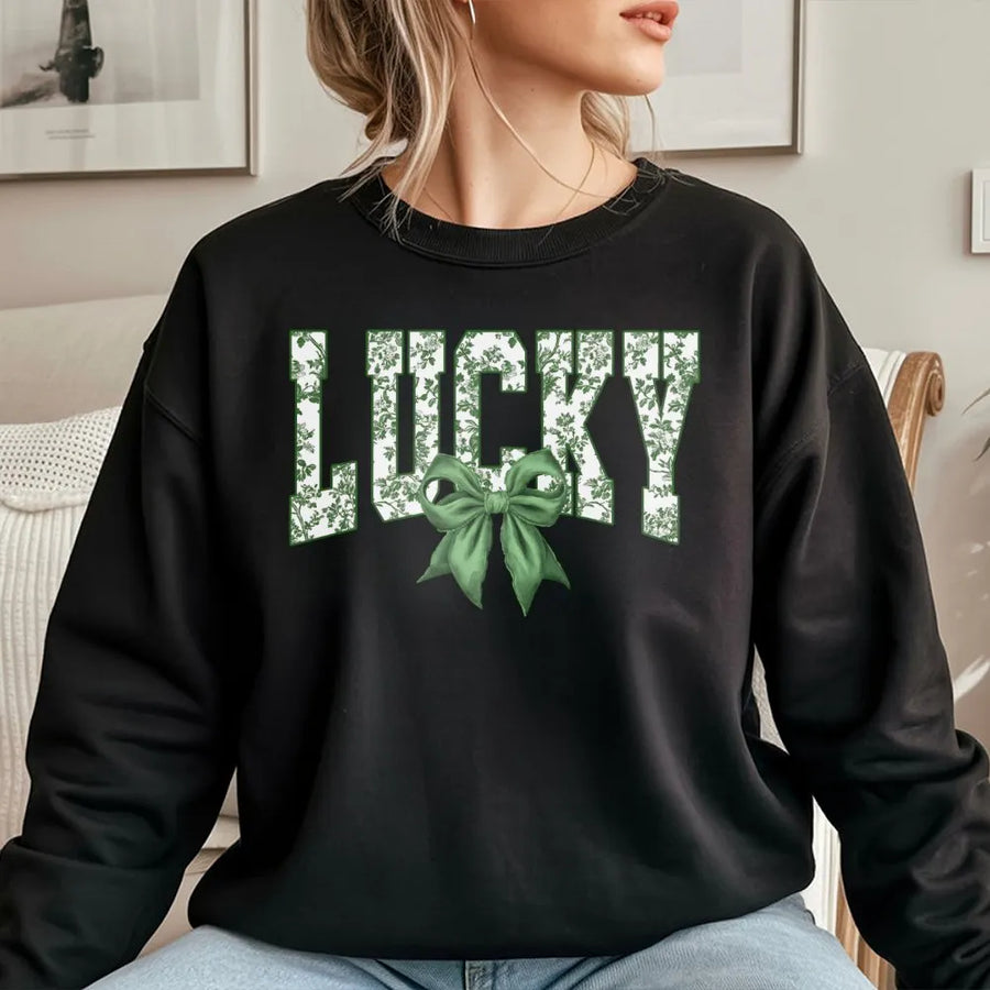 Lucky St. Patricks Day Sweatshirt | Coquette Green Bow Floral Aesthetic | Premium Cotton Blend | Gift for Women & Girls Holiday Outfit