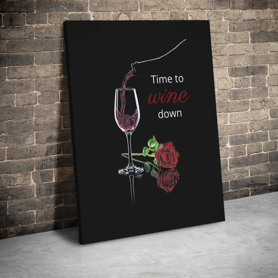 Time to Wine Down Canvas Art | Red Wine Pour & Rose Floral Decor | Gallery Wrap Premium Print | Kitchen & Dining Room Wall Decor Gift