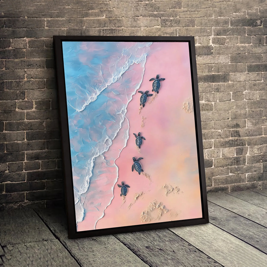 Baby Sea Turtles Canvas Art | Pink Beach Ocean Landscape | Premium Fade-Resistant Print | Coastal Wall Decor for Home or Office