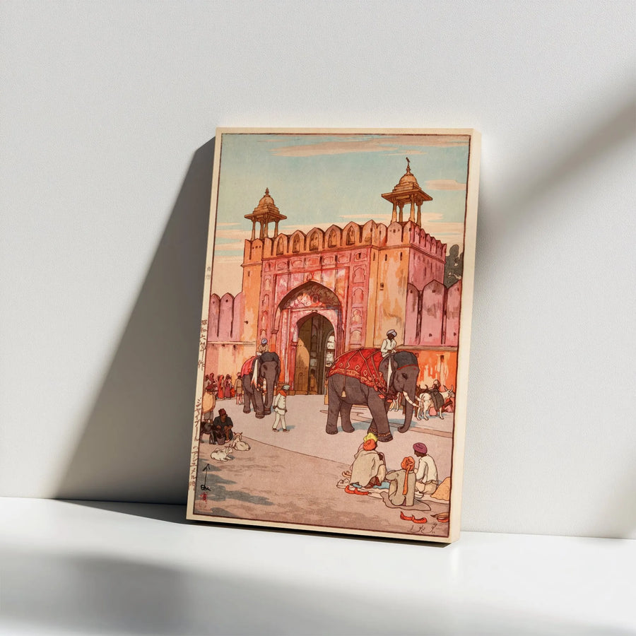 Vintage Indian Palace Canvas Print | Ukiyo-e Style Elephant Procession Wall Art | Premium Thick Gallery Canvas | Collector's Asian Home Decor Gift