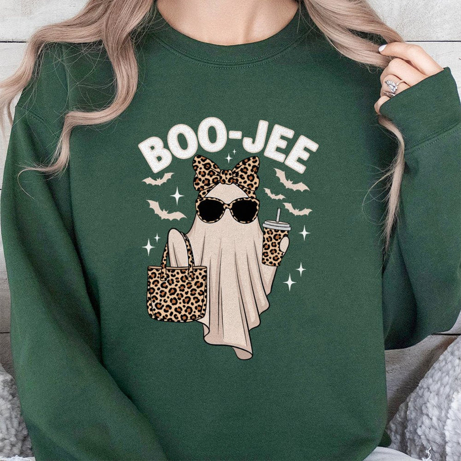 Boo Jee Ghost Sweatshirt | Leopard Print Halloween Graphic Tee | Premium Cotton Blend Crewneck | Cute Spooky Fall Gift for Women