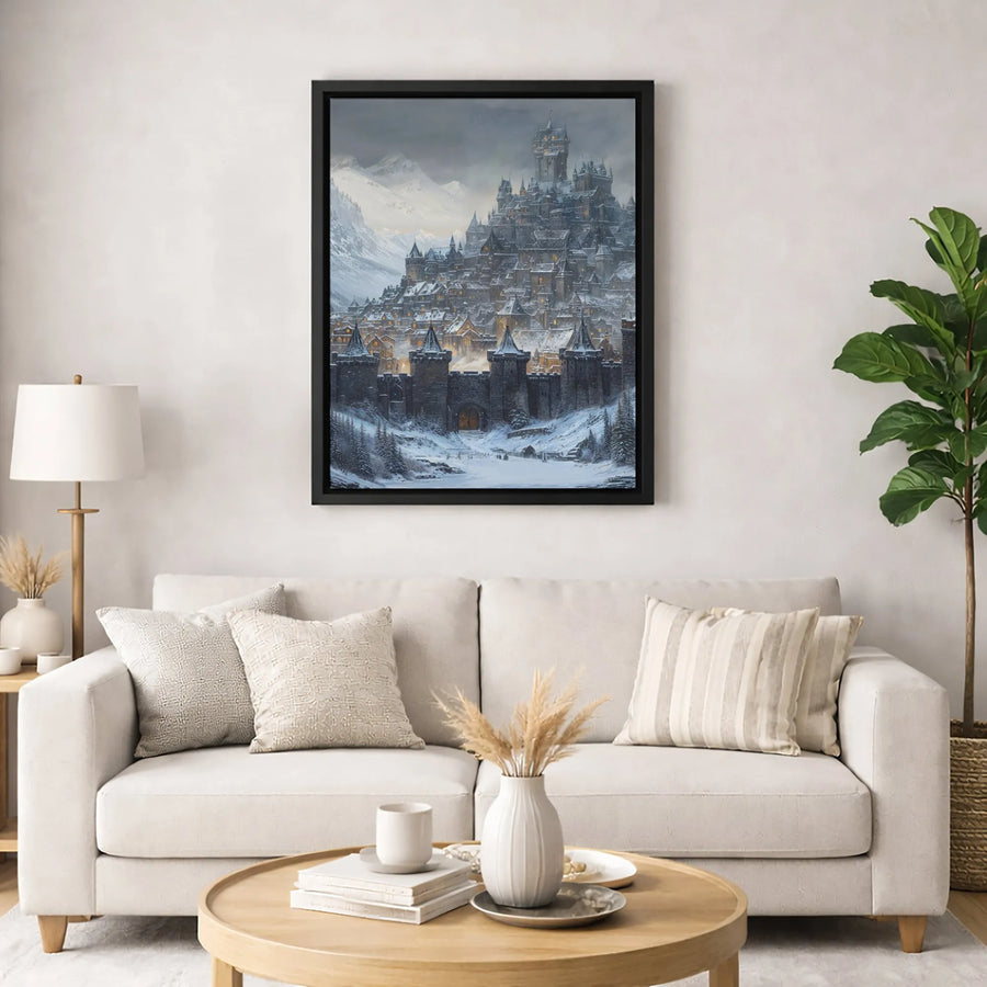 Winter Castle Canvas Wall Art | Snowy Medieval Mountain City Landscape | Premium Gallery Wrapped Print | Fantasy Home Decor Gift for Fantasy Lovers