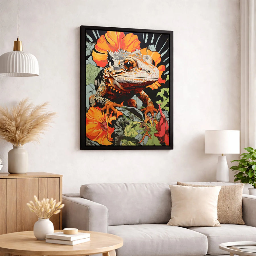 Gecko Canvas Wall Art | Vibrant Tropical Lizard with Orange Flowers | Premium Gallery-Wrapped Print | Reptile Lover Home Decor Gift