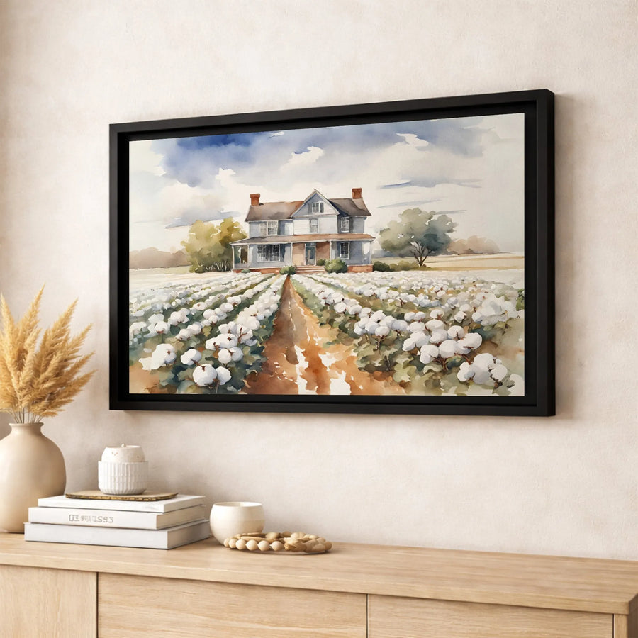 Farmhouse Wall Art | Watercolor Cotton Field Landscape | Premium Gallery Wrapped Canvas | Rustic Country Home Decor Gift