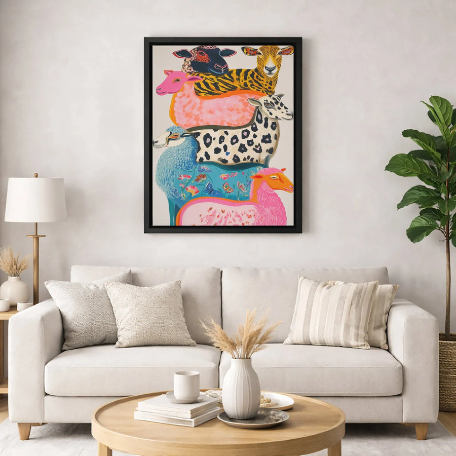 Stacked Sheep Wall Art | Colorful Farm Animal Canvas Print | Premium Gallery Wrapped Decor | Whimsical Nursery or Office Gift