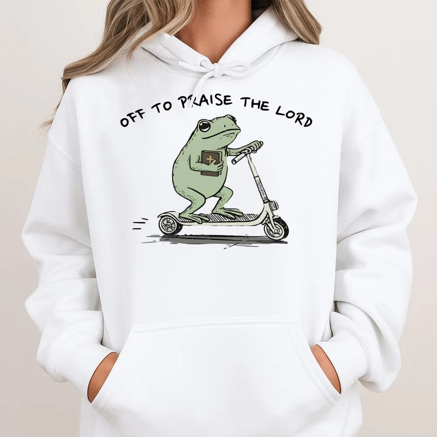 Funny Christian Frog Hoodie | Off To Praise The Lord Graphic | Premium Cotton-Blend | Bible Study Gift for Men & Women