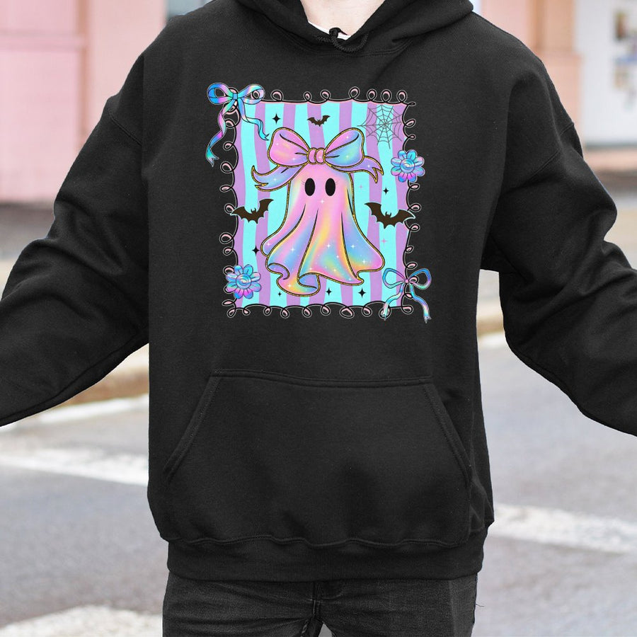 Coquette Ghost Hoodie | Iridescent Pastel Bow Aesthetic | Soft Cotton-Blend Premium Apparel | Cute Spooky Halloween Gift for Her
