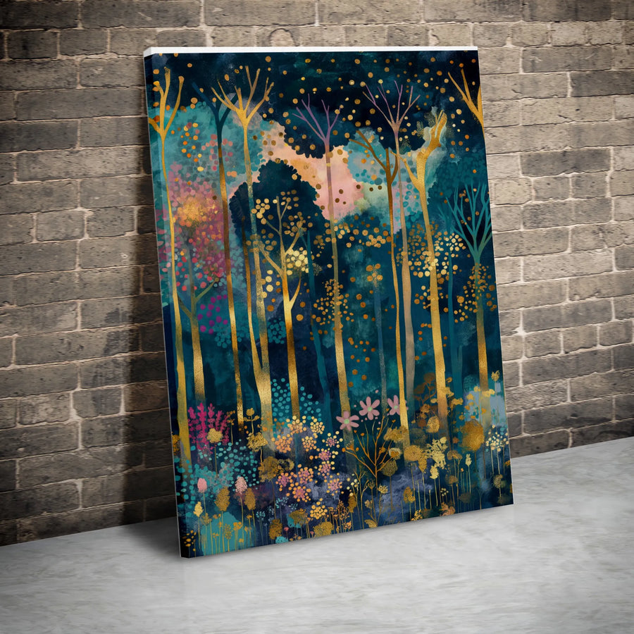 Enchanted Forest Wall Art | Golden Trees Abstract Canvas Print | Gallery-Quality 1.25 Inch Thick Canvas | Modern Home Decor Gift