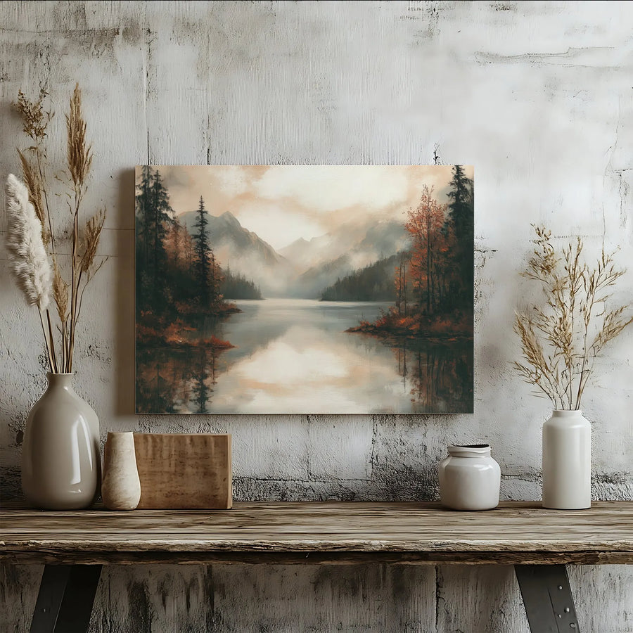 Misty Mountain Lake Canvas Wall Art | Vintage Landscape Oil Painting Print | Thick Gallery Wrapped Canvas | Premium Gift for Nature Lover