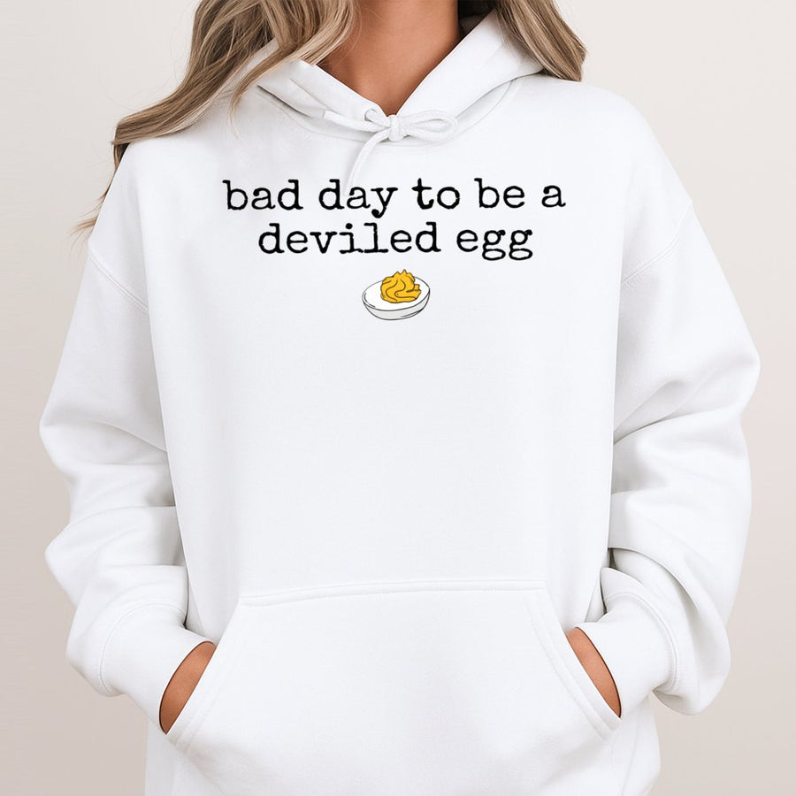Bad Day To Be A Deviled Egg Hoodie | Funny Food Pun Graphic Sweatshirt | Premium Cotton Blend | Sarcastic Thanksgiving Gift For Foodies