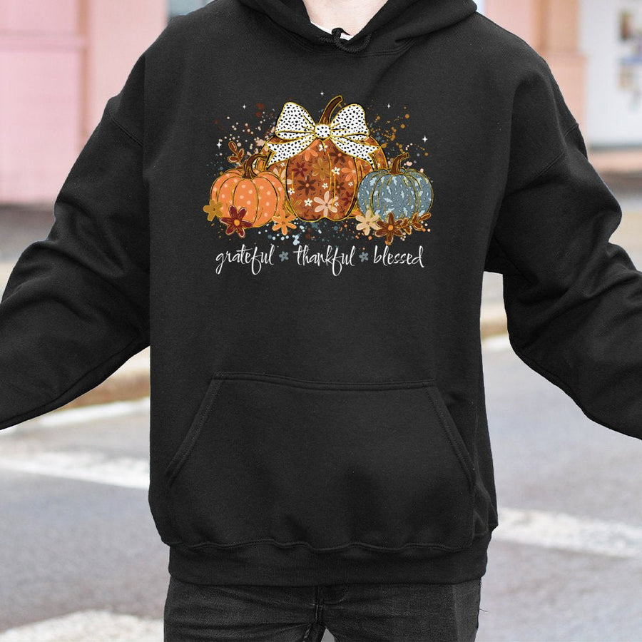 Grateful Thankful Blessed Hoodie | Cute Fall Pumpkin Floral Design | Premium Cotton-Blend Sweatshirt | Thanksgiving Gift for Her