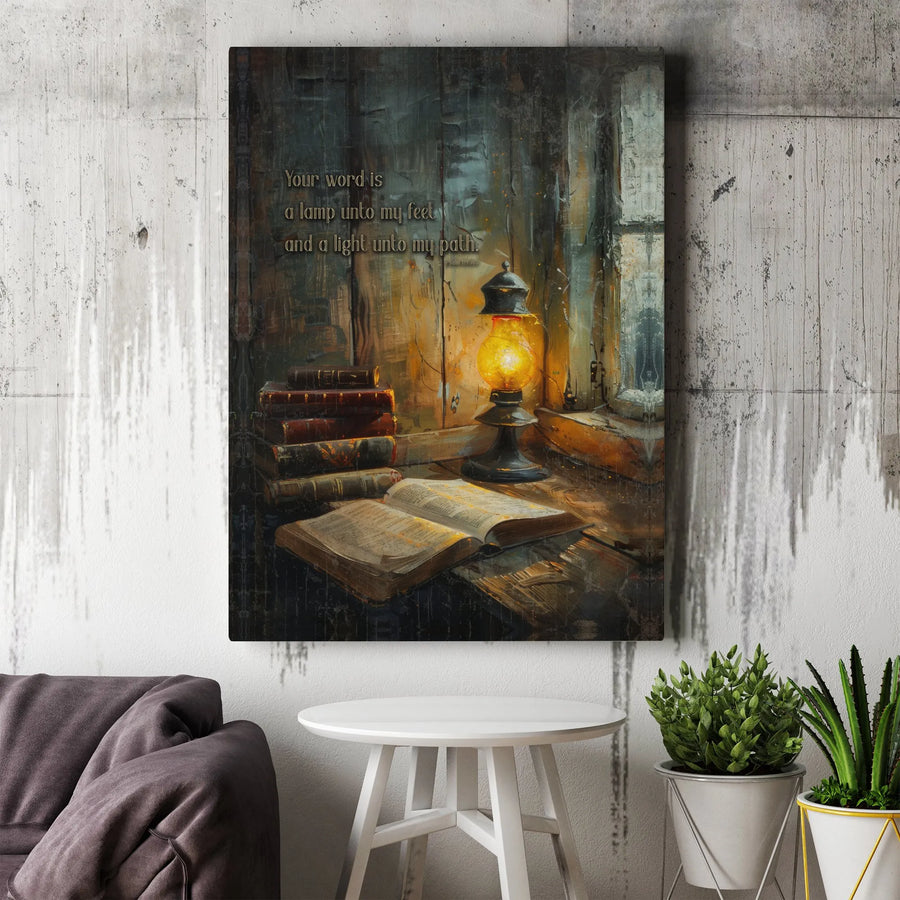Psalm 119:105 Canvas Print | Rustic Bible Verse Wall Art with Lantern and Books | Premium Gallery Wrap Decor | Inspirational Christian Gift for Home